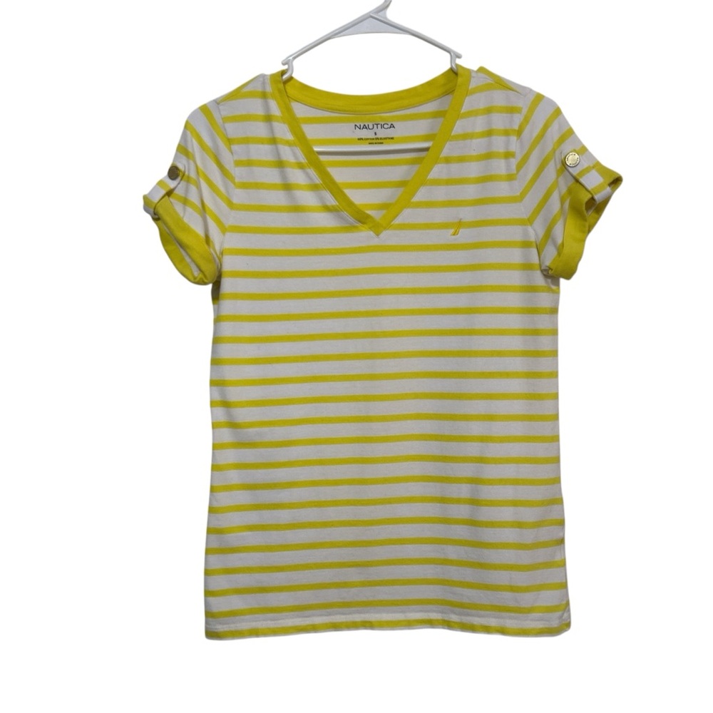 Nautica Yellow and White Striped V-Neck Short Sleeve Tee with Button Cuffs